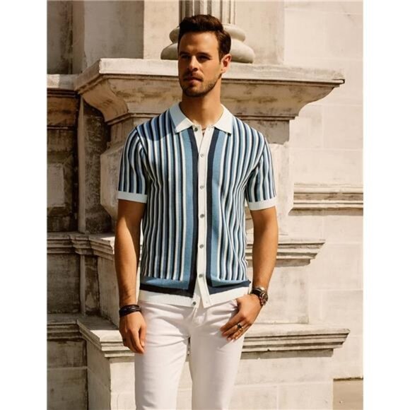 Men's Polo Shirts Retro Knit Shirt Vintage Striped Shirt - Picture 3 of 7